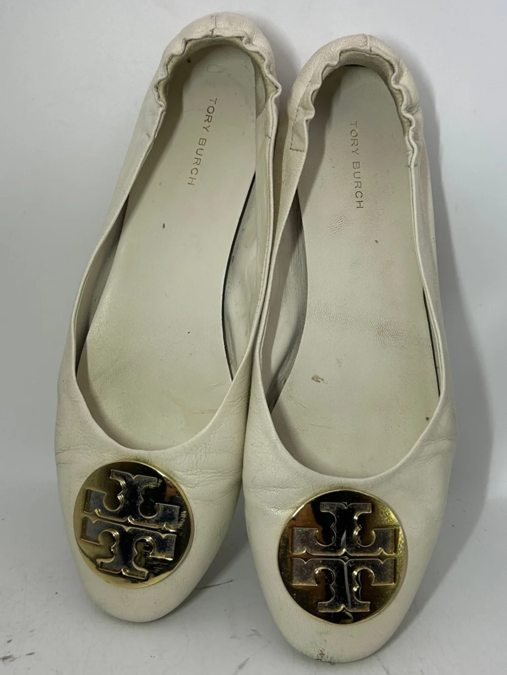 Tory Burch Reva Ballet Flats off white Leather Logo womans 8 gold silver shoes - Picture 5 of 11